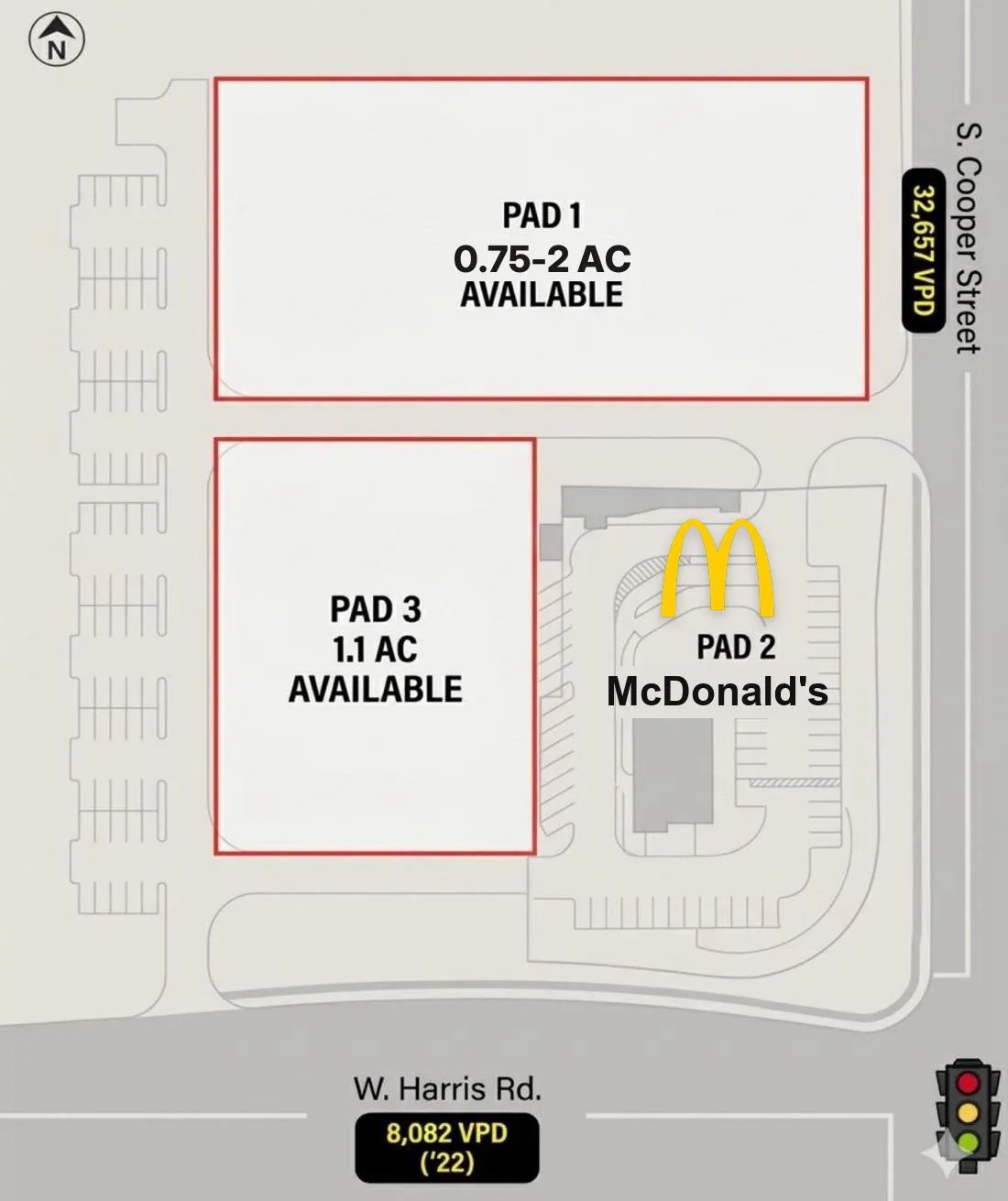 Site plan for the S. Cooper Street pad sites: Pad 1 and Pad 3 available, Pad 2 leased to McDonald's