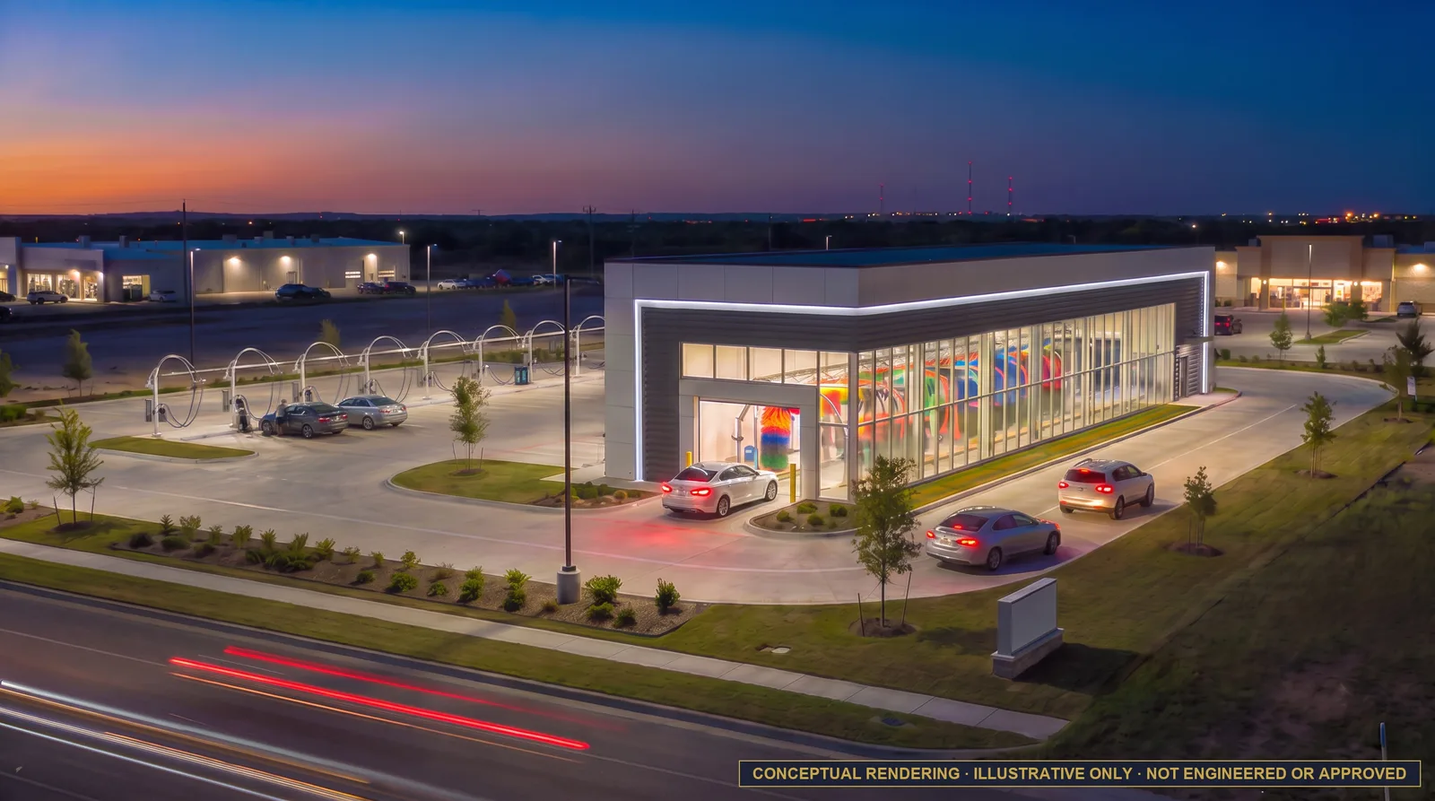 Conceptual rendering of an express car wash on the 1310 E. Main pad in Eastland, Texas