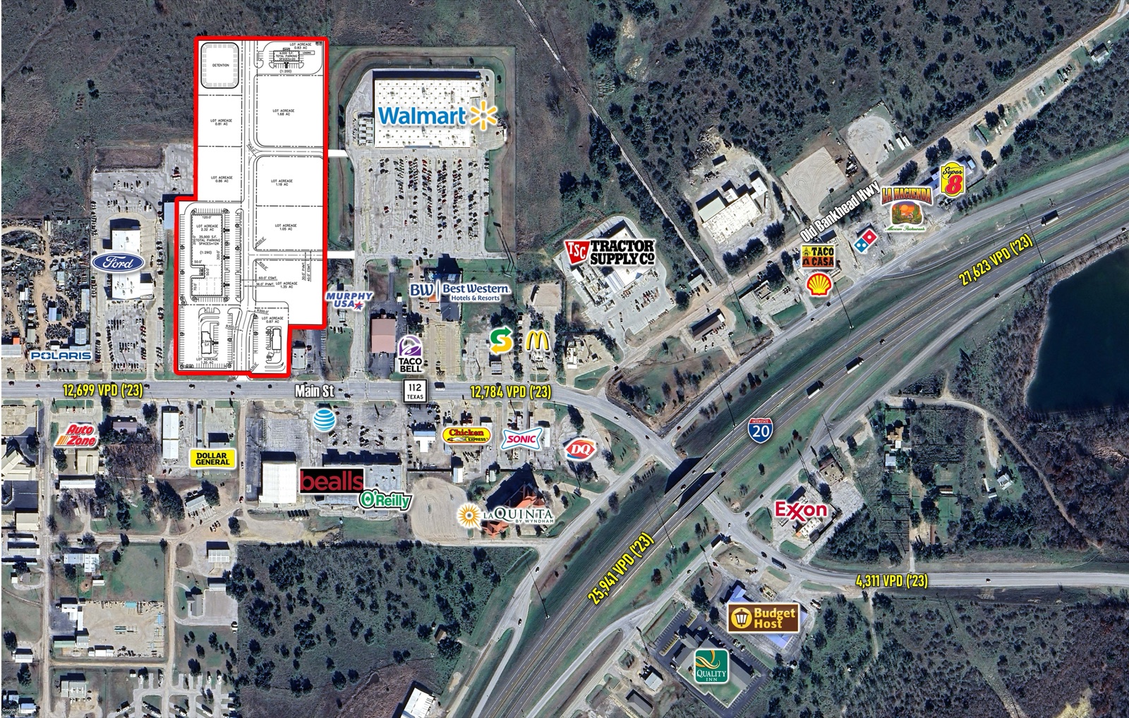 Labeled aerial of the Eastland retail development showing Walmart Supercenter, Main Street, Interstate 20, and nearby retailers