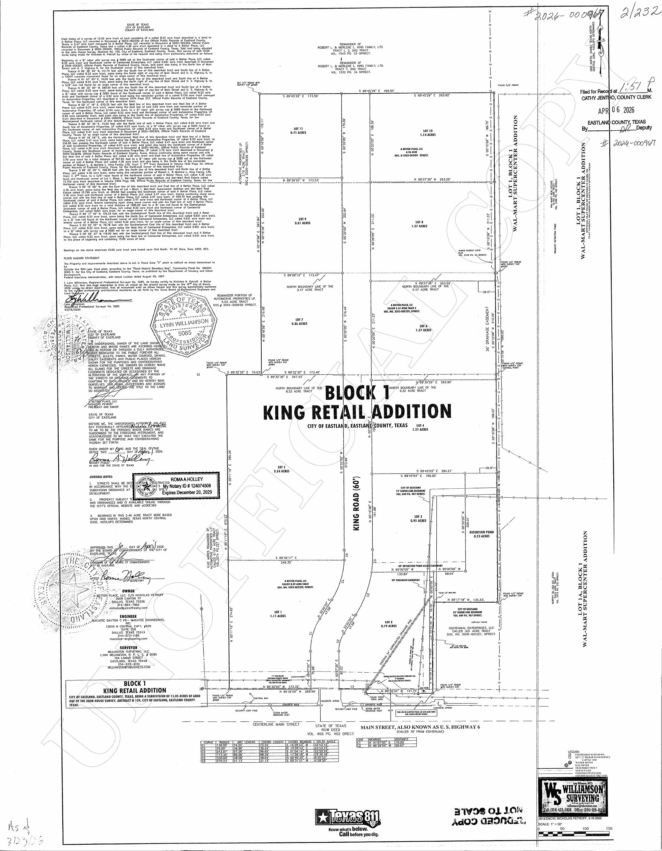 Recorded plat of King Retail Addition, Block 1, in Eastland, Texas