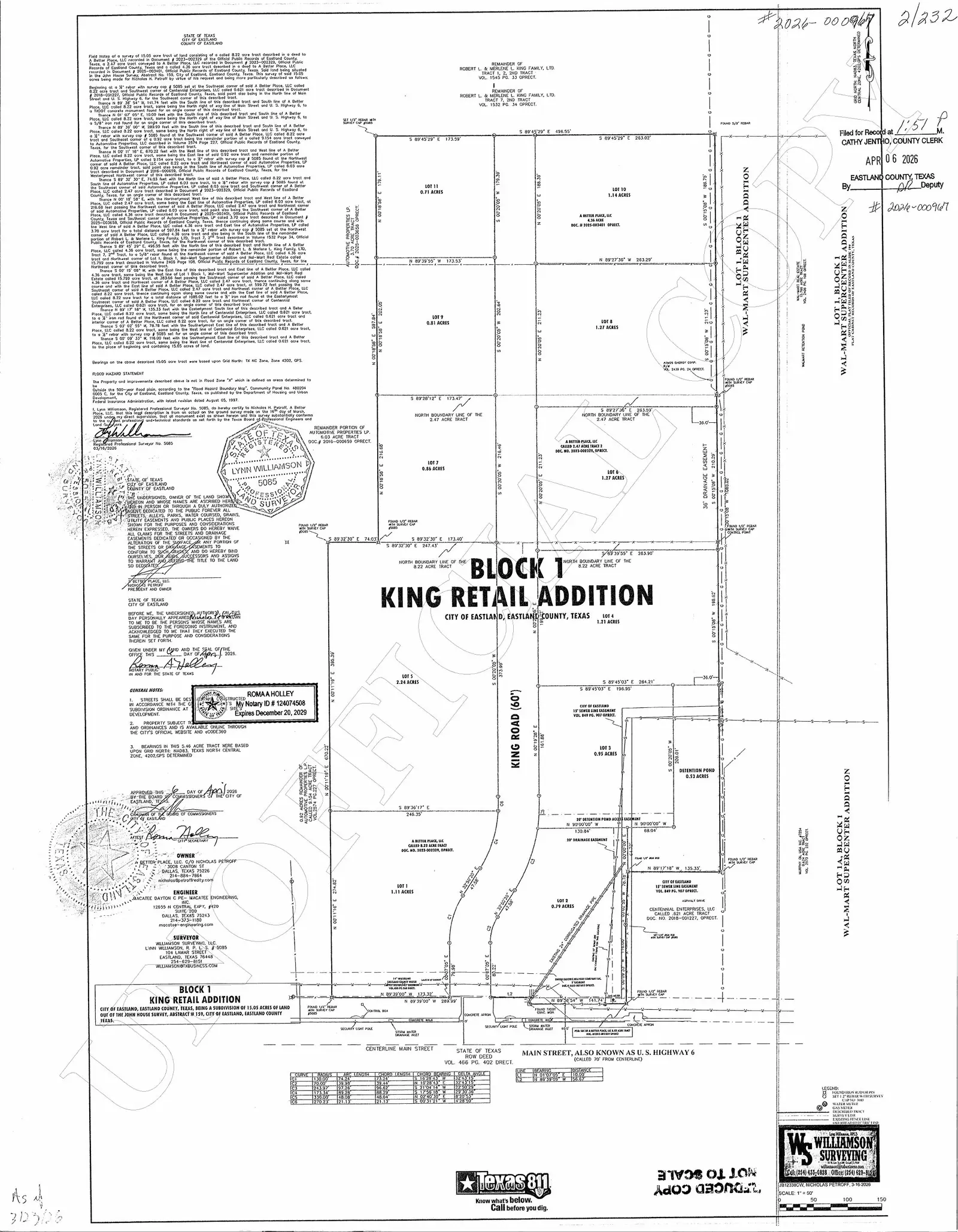 Recorded plat of King Retail Addition, Block 1, in Eastland, Texas, with the pad shown as Lot 2