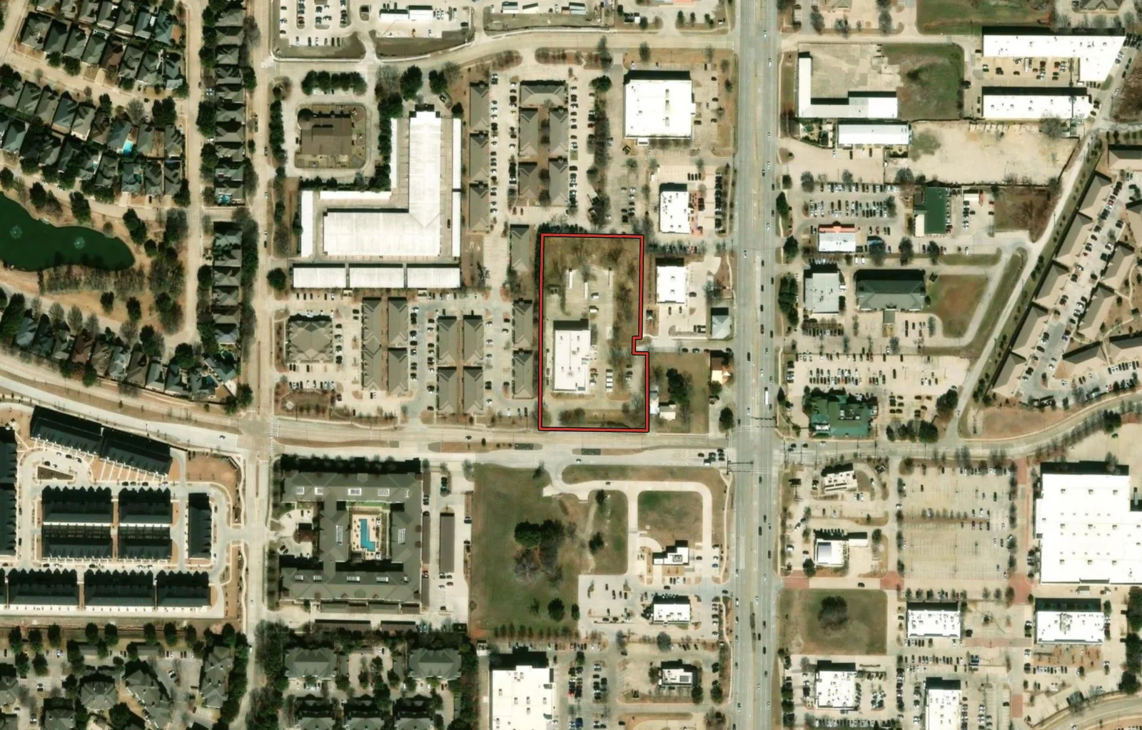 Aerial of the 3.03-acre site on John Hickman Parkway with the parcel outlined, 1 block west of Preston Road