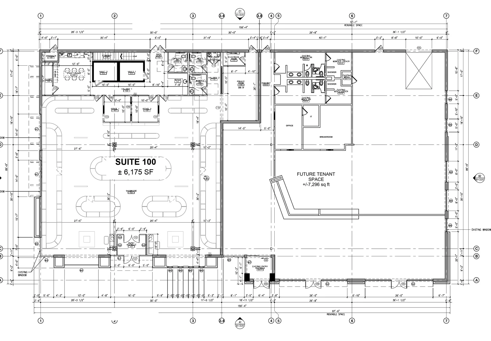 Floor plan of the building with Suite 100 labeled at about 6,175 SF