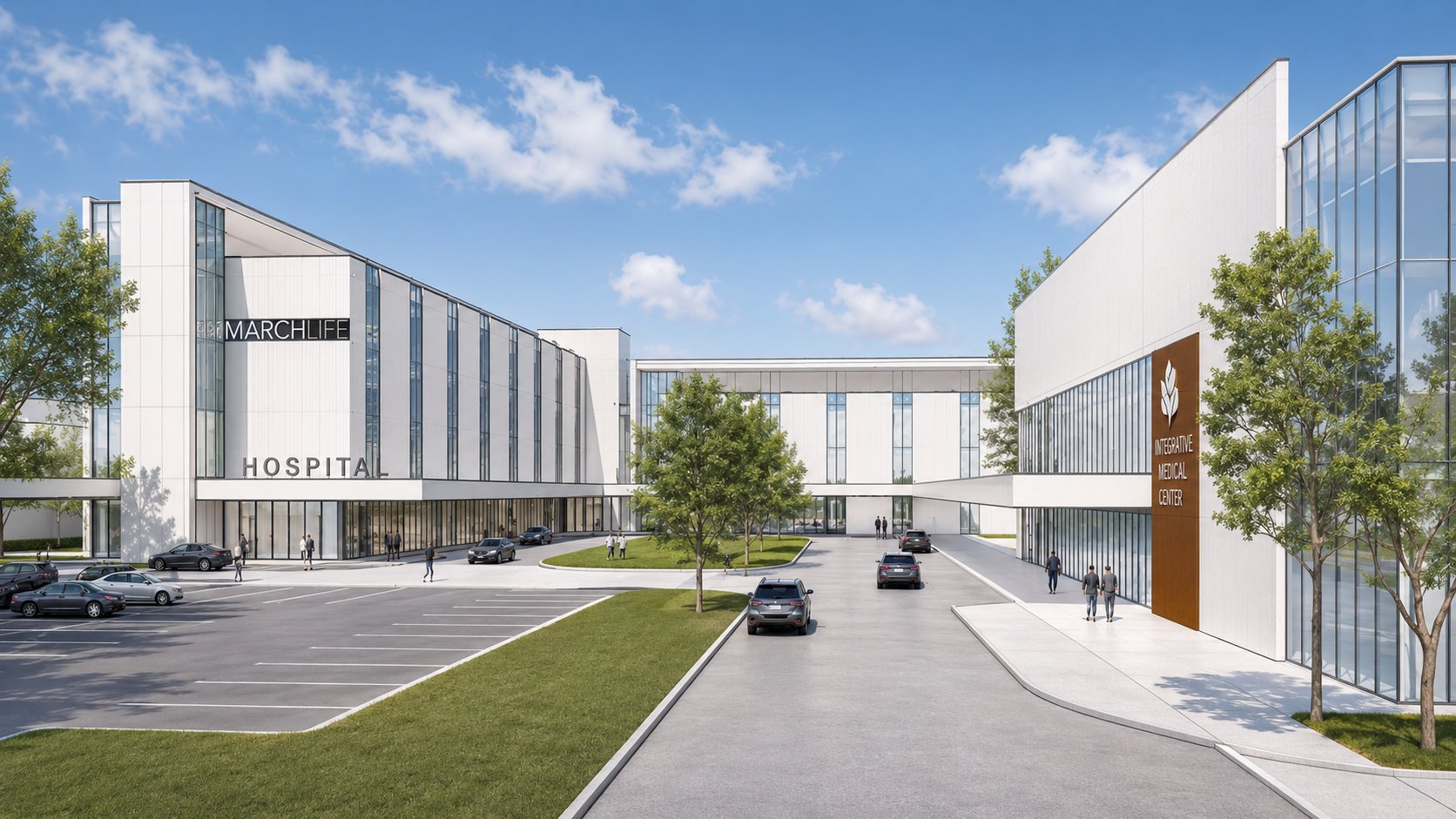 Rendering of the MarchLife healthcare campus with clinical buildings and landscaped boulevards
