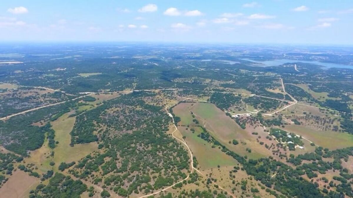 Aerial view of Monteith Ranch land in the Central Texas hill country