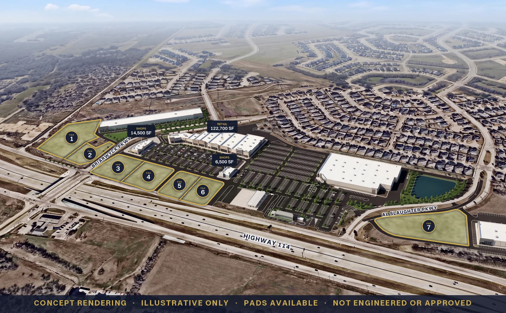 Conceptual rendering of Roanoke Ranch on Highway 114 at Briarwyck Pkwy in Roanoke, Texas, with pads available