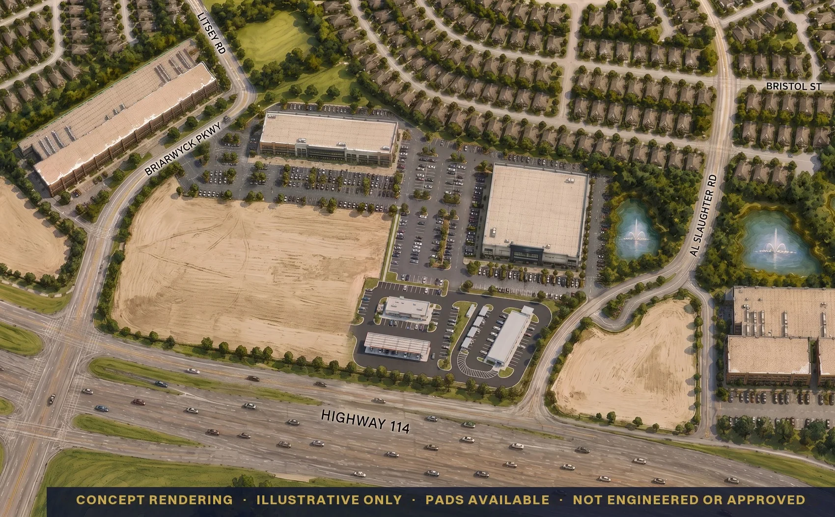 Conceptual aerial rendering of Slaughter Ranch Town Center along Highway 114, with pad sites on the frontage and a large-format retail building behind them