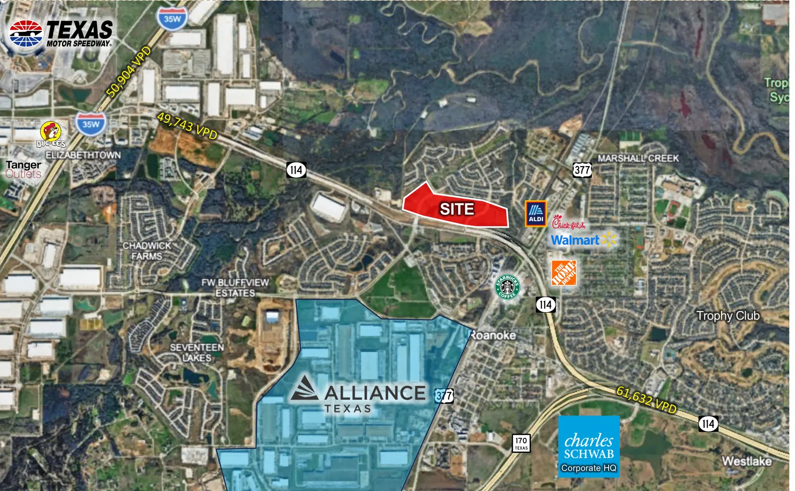 Market aerial of the Slaughter Ranch Town Center site with surrounding retailers, AllianceTexas, Charles Schwab headquarters, Texas Motor Speedway, and traffic counts