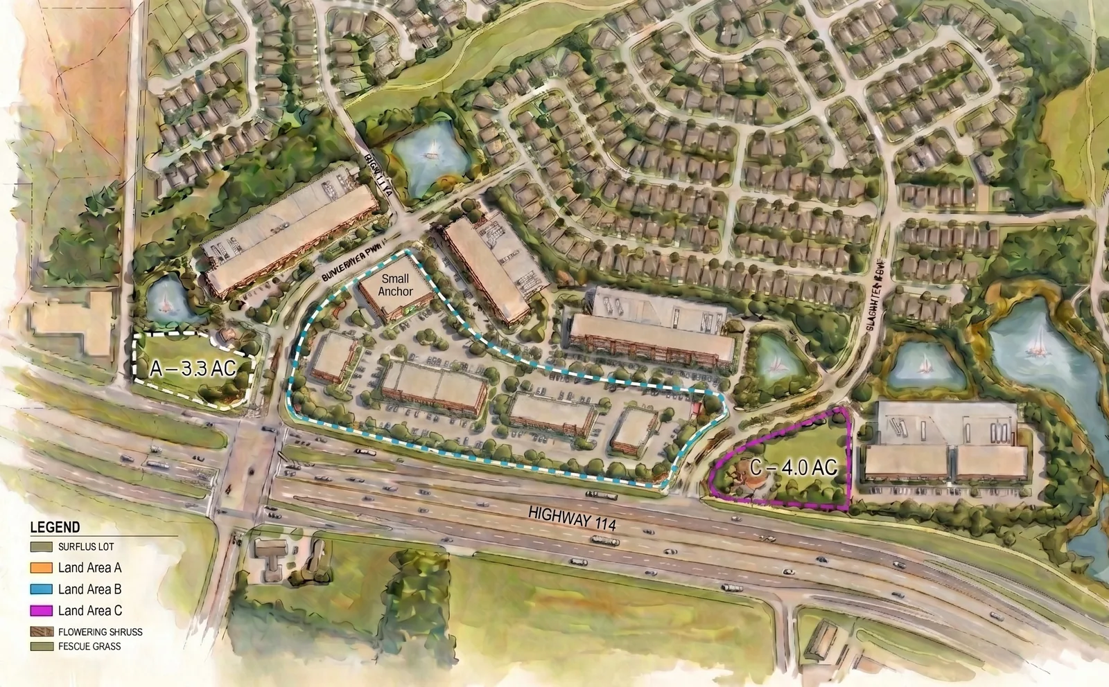 Illustrated concept plan of Slaughter Ranch Town Center with land areas, a small anchor, and surrounding neighborhoods along Highway 114