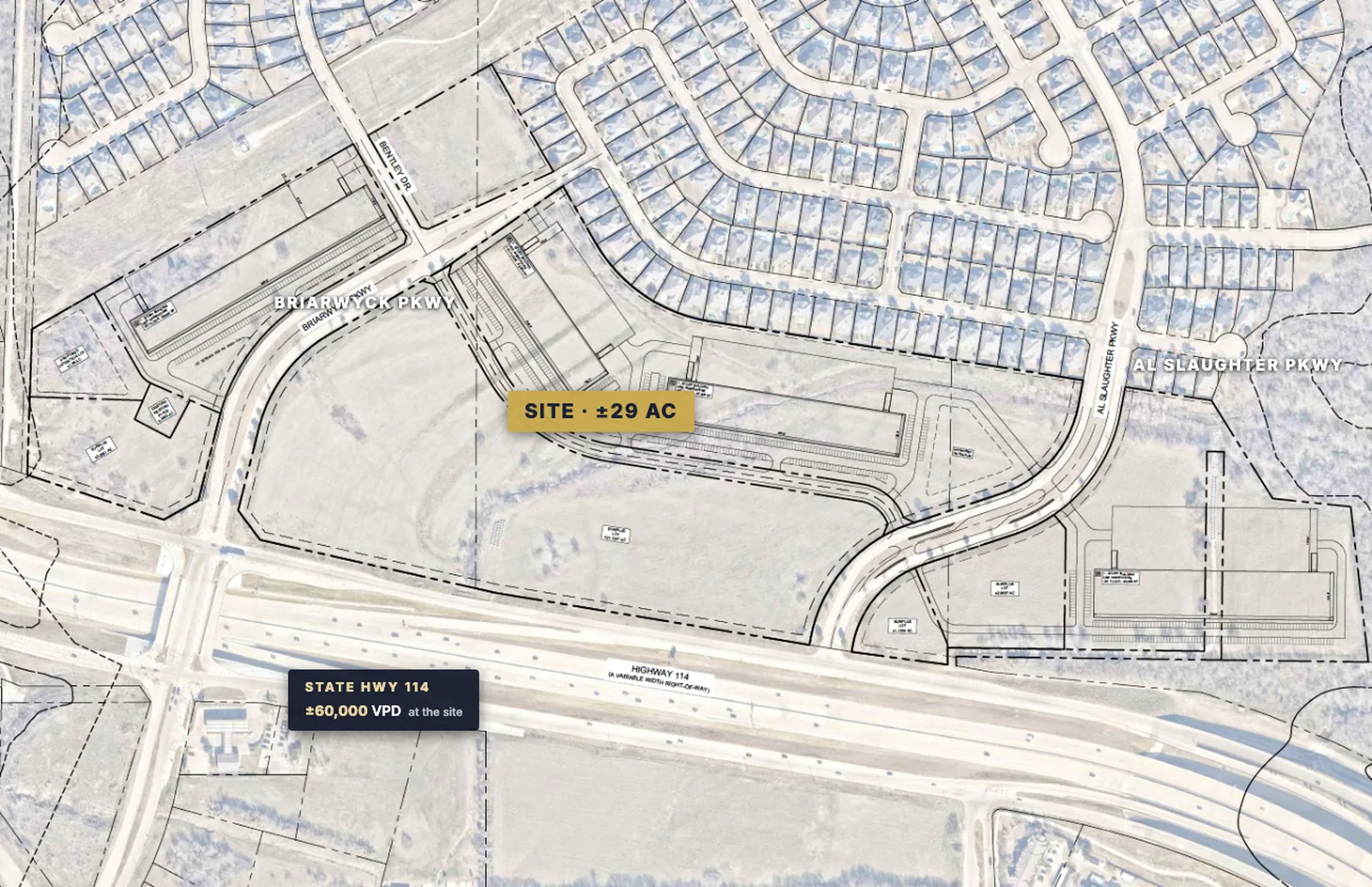 Annotated aerial of the Slaughter Ranch site at Highway 114 and US 377, Roanoke, TX, with the site outline and roadways labeled