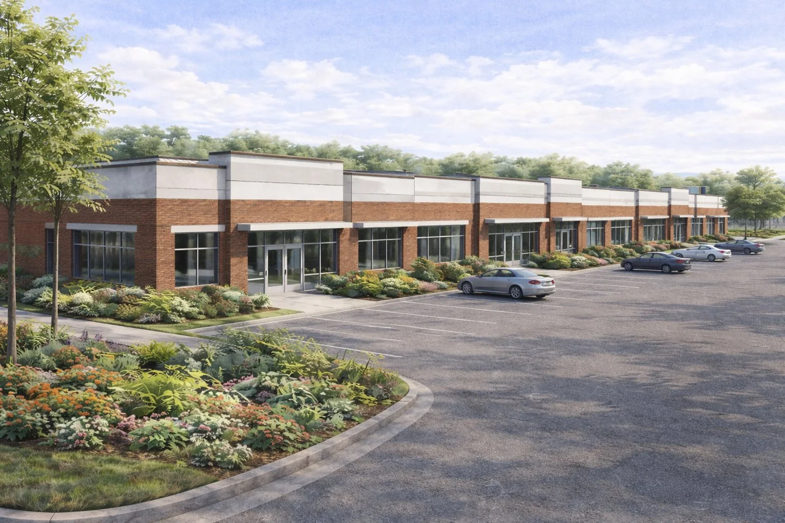Representative Pelican Industrial flex building with retail-quality architecture, storefront glass, and elevated landscaping