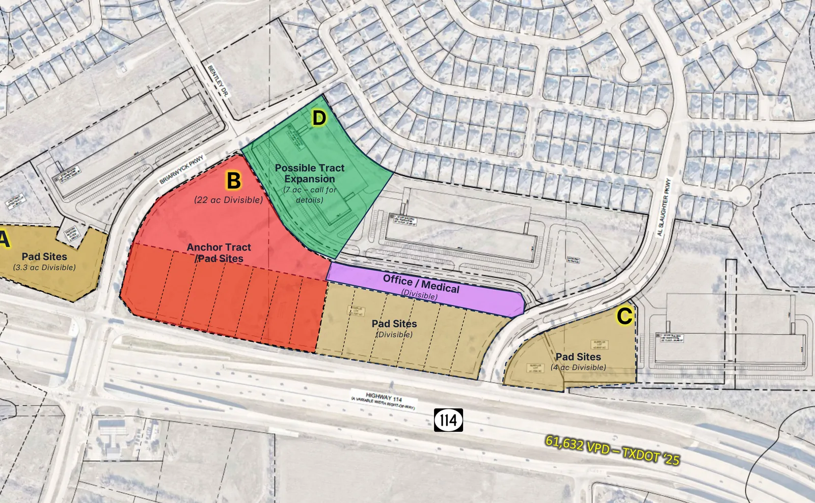 Conceptual master plan of Slaughter Ranch Town Center; use the overlaid controls or the tract list to explore tracts A through D