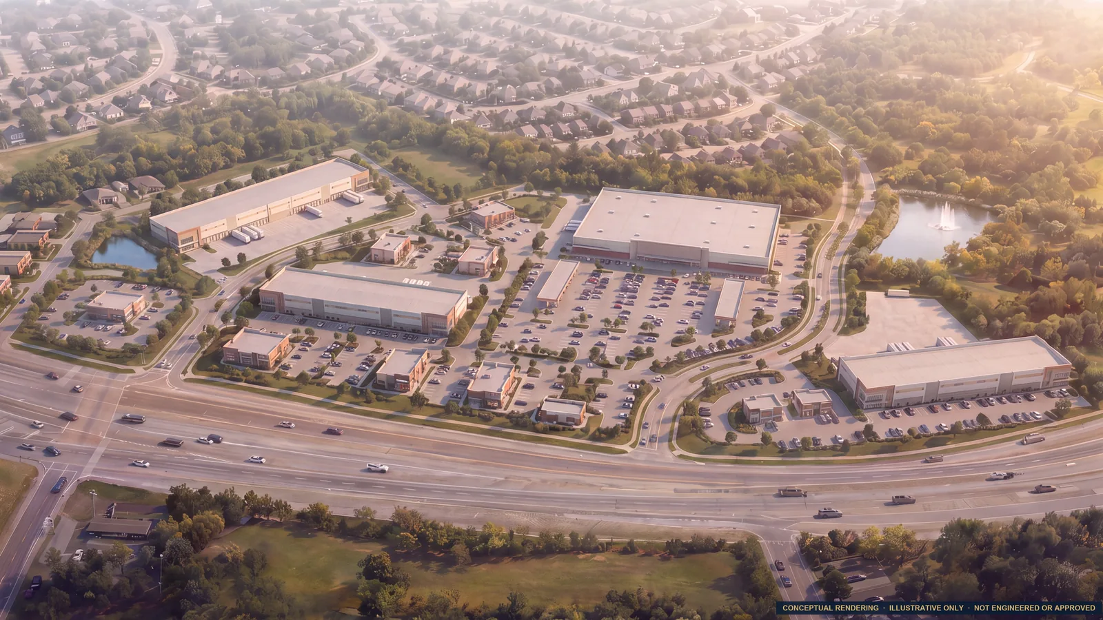 Conceptual aerial rendering of Slaughter Ranch Town Center along Highway 114, with the anchor building, small shop retail, and pad sites