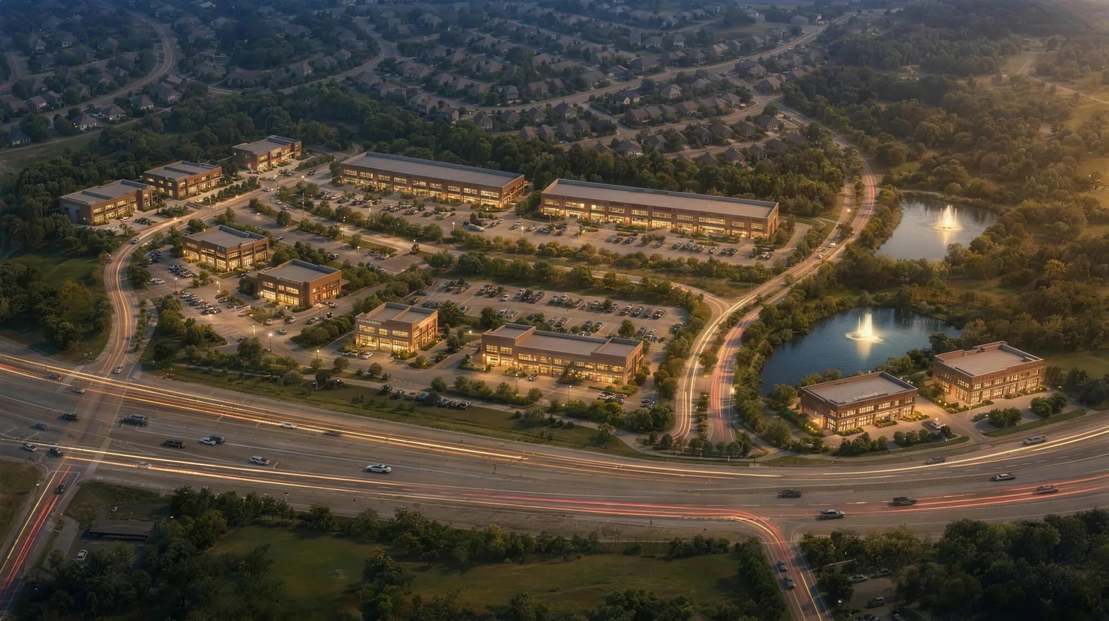Conceptual twilight rendering of Slaughter Ranch Town Center along Highway 114
