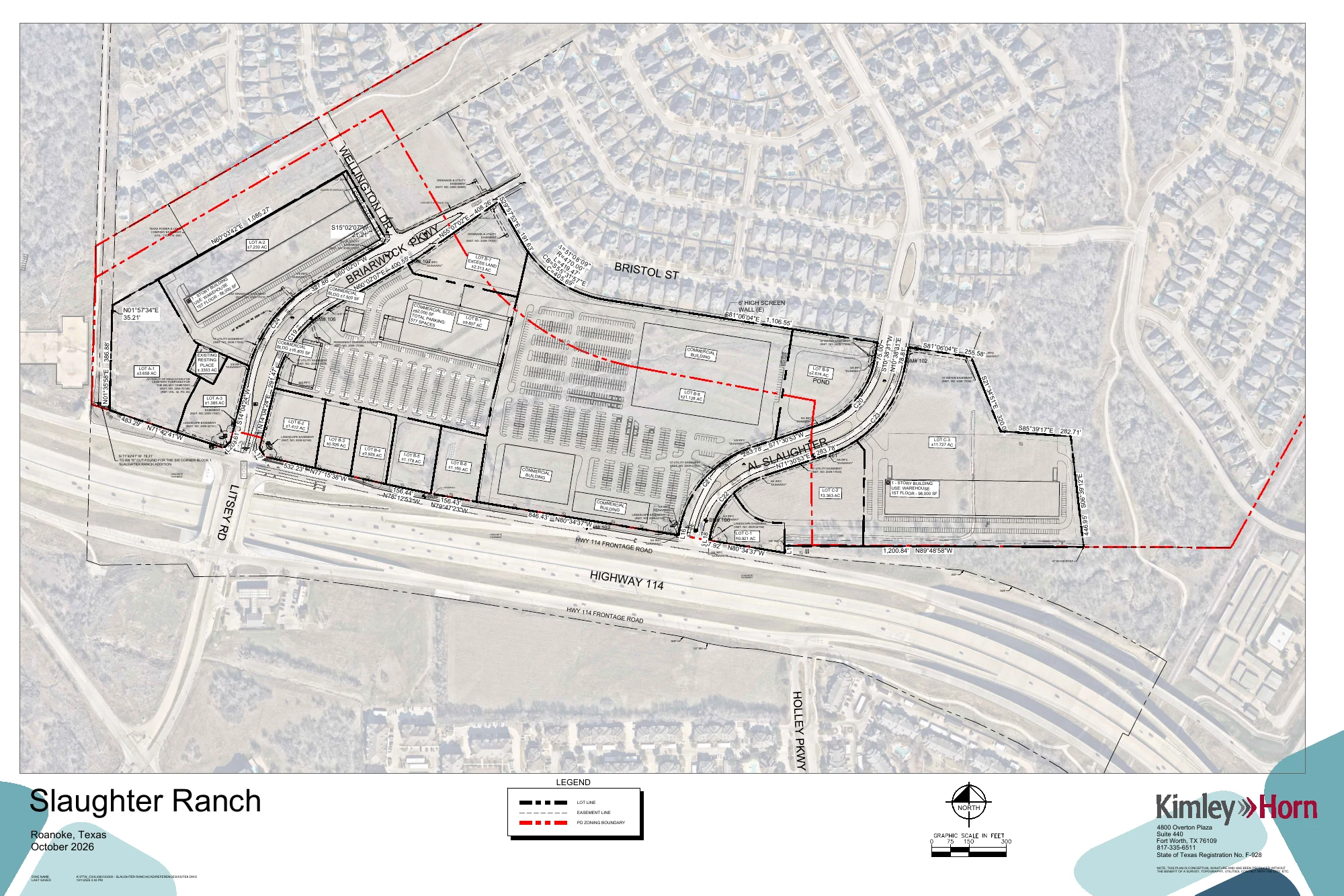 Kimley-Horn conceptual site plan of Slaughter Ranch Town Center dated October 2026, with lot lines on the survey aerial along Highway 114 at Briarwyck Pkwy