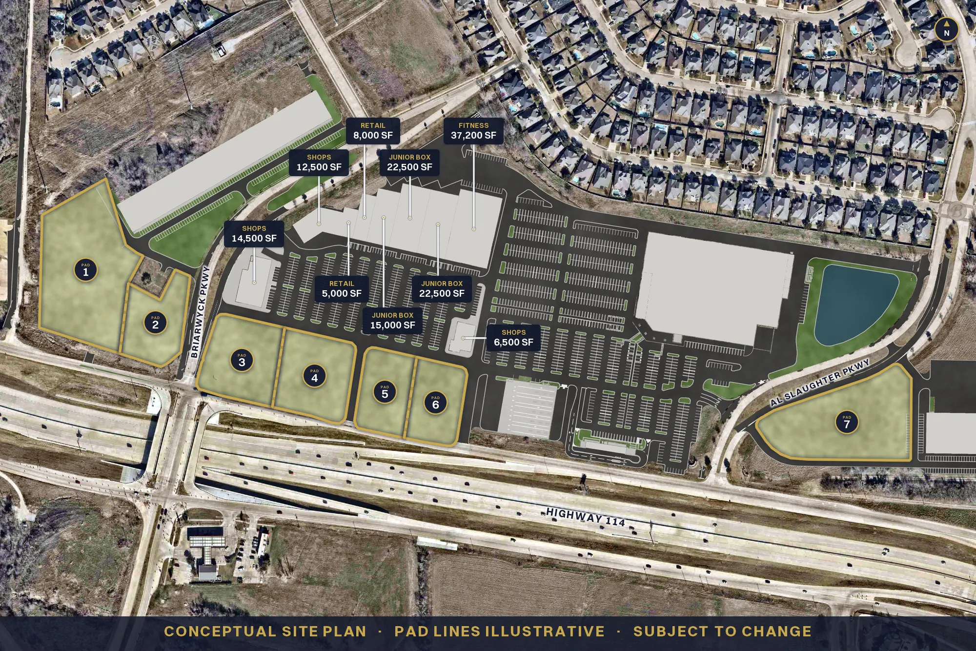 Conceptual site plan of Roanoke Ranch on an aerial of the site along Highway 114 at Briarwyck Pkwy, with pads 1 to 7 and built-out retail spaces from 5,000 to 37,200 SF