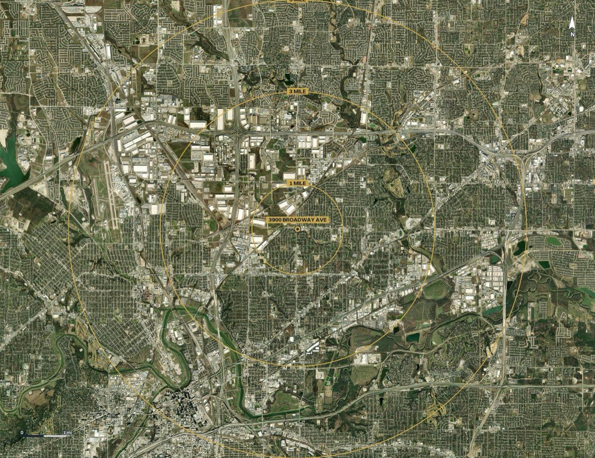 Regional trade area aerial with 1, 3, and 5 mile rings