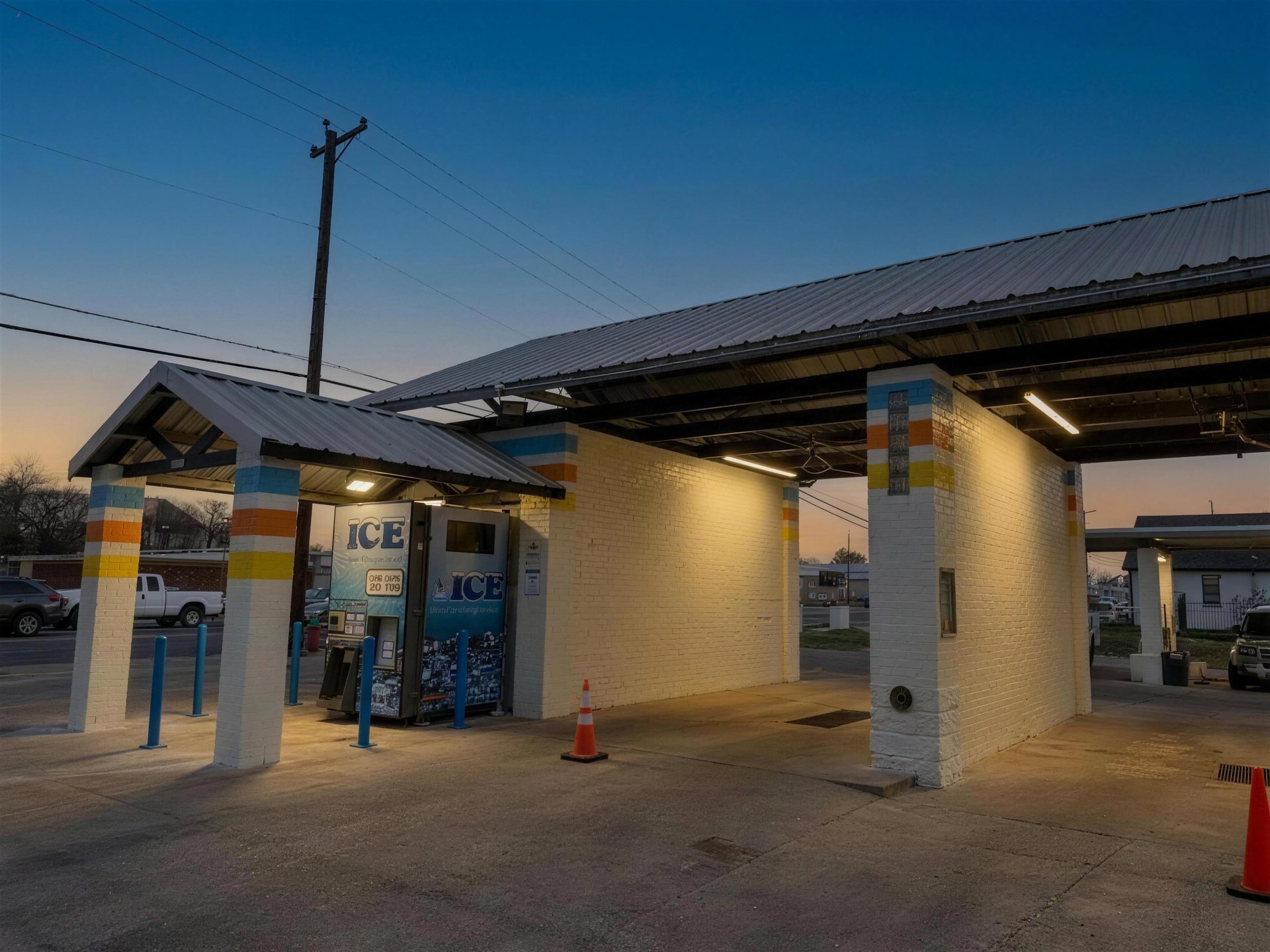 Bay canopy and signage at twilight